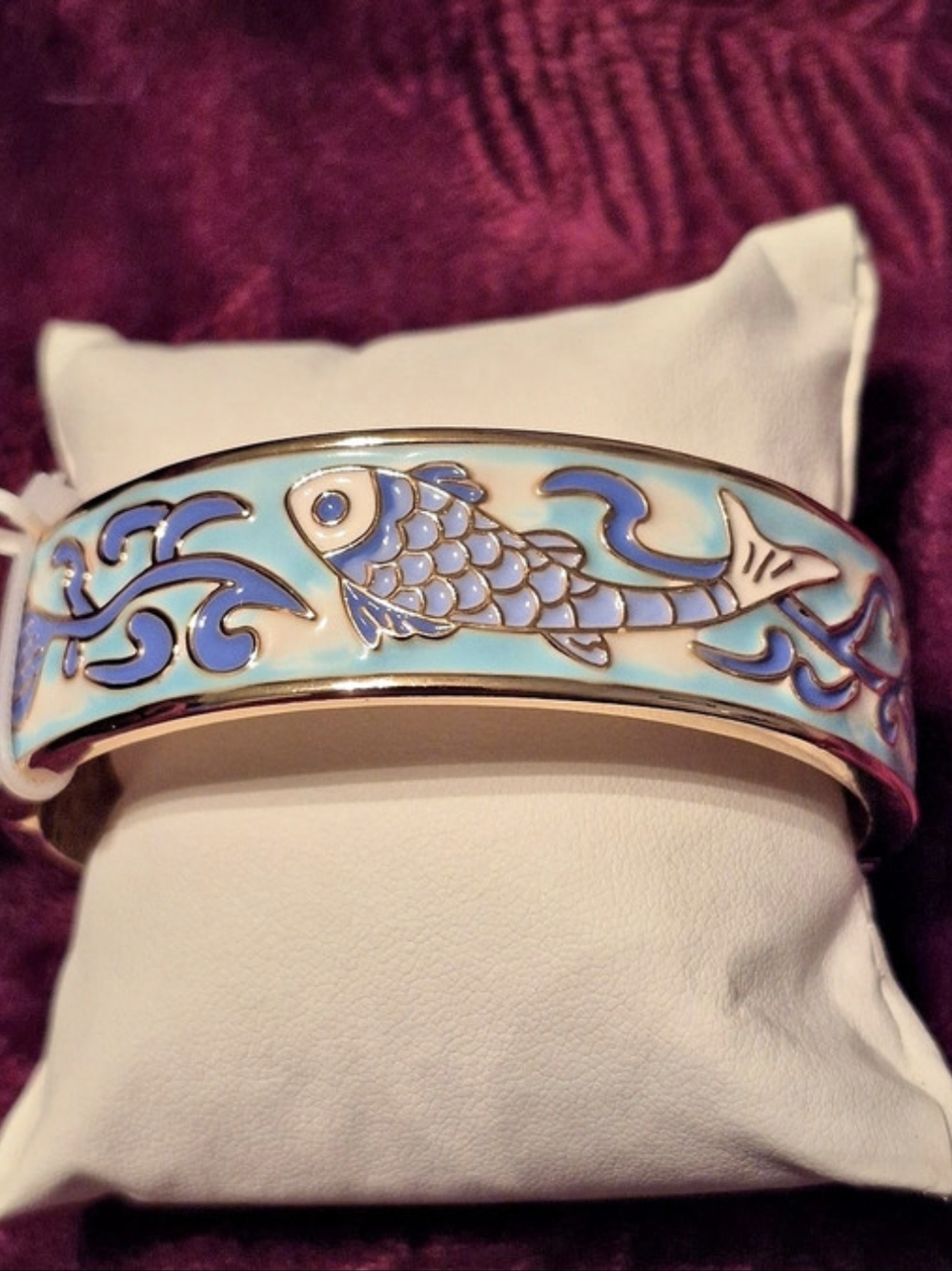 Piper K Blue Koi Fish Enamel Hinged Bangle Bracelet in Blue & Gold
